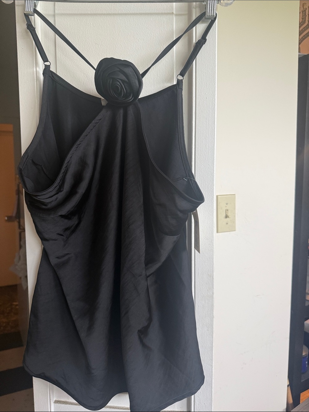 Haute Hippie Black Satin Backless Rose-Accented Tank